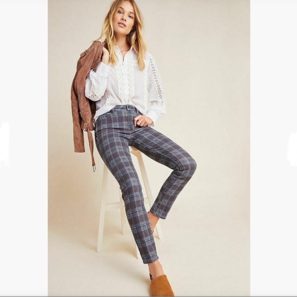 PAIGE Plaid Slim Jeans in Blue and Gray